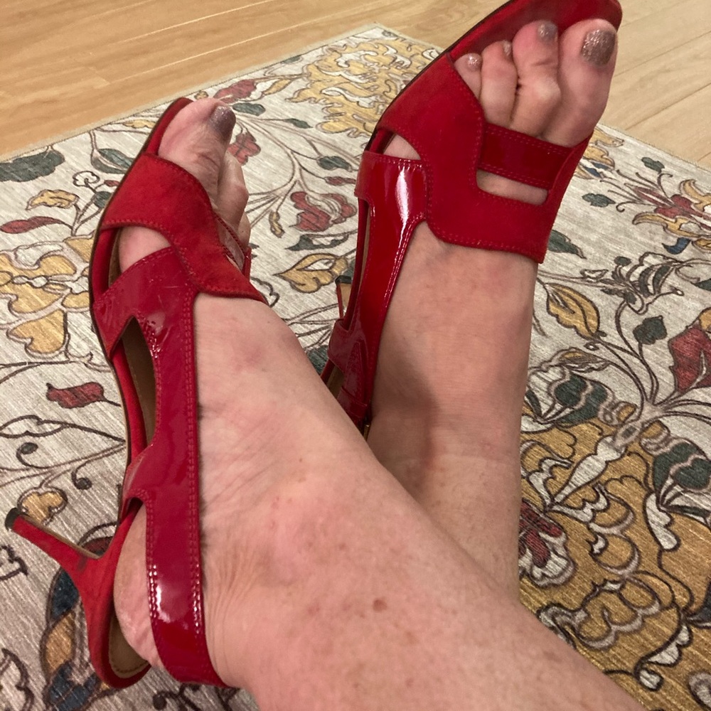 YSL red suede and patent leather sling-back pumps